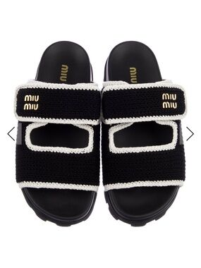 Miu Miu Black and Cream Kids Velcro Slide Sandals